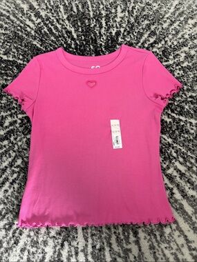 Kids' Pink Ribbed Short-Sleeve Top with Heart Detail